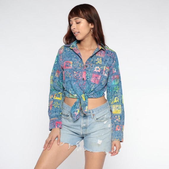 Y2K Batik Shirt Button Up Hawaiian Inspired Print Blue Floral Grid Pattern Colorful Vintage 90s Alternative Artsy Hippie Beach Day Medium M