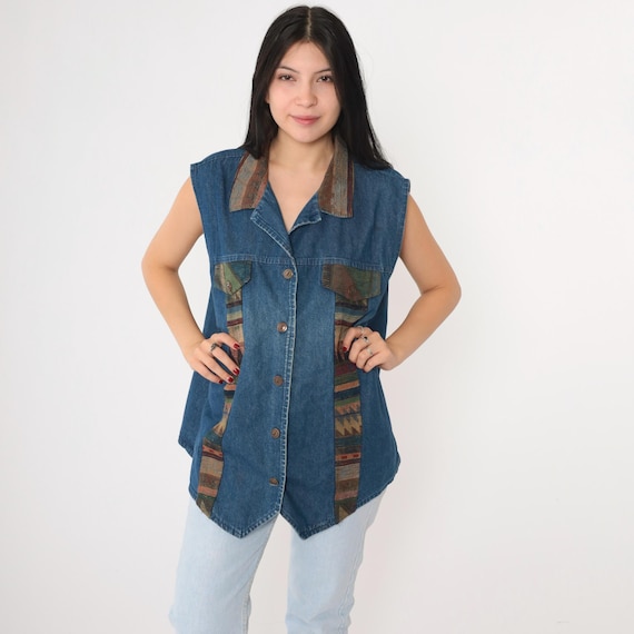 Vintage Southwestern Denim Vest 90s Blue Jean Woven Tapestry Button Up Sleeveless Bohemian Hippie Southwest Shirt 1990s Plus Size 22 2xl