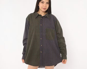 90s Nautica Patchwork Shirt Medallion Button Front Cotton Colorblock Olive Navy Geometric Long Sleeve Collared Grandpa Vintage Top Large L
