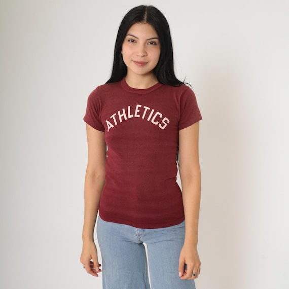 80s Russell Sports T-Shirt Burgundy Athletics Number 7 Tee Vintage 1980s Gym Shirt Single Stitch Extra Small xs Boy's 32-34