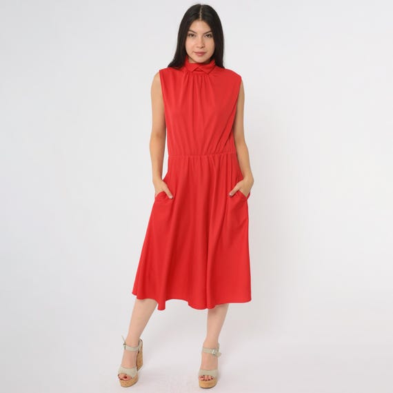 Red Dress 80s Sleeveless Collar Elastic Waist Midi Vintage Work Office Career Classic Preppy Professional Secretary Business Formal Small S