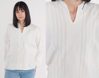 Vit bomullstopp 90-tals vävd skjorta boho blus långärmad v-ringad sommar boho hippie strand enkel ljus v-ringad vintage 1990-tal medium M