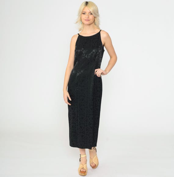 90s Black Jacquard Floral Dress High Side Slit Vintage Spaghetti Straps Sheath Silhouette Midi 1990s Evening Formal Cocktail Medium 8 Petite