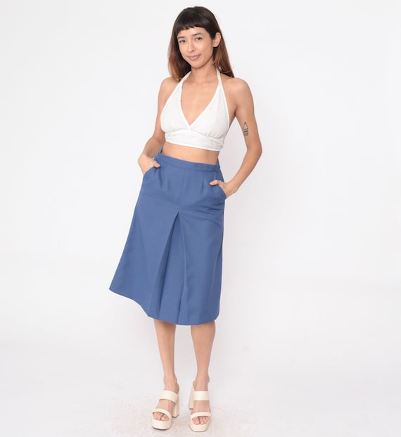 Pleat Front Skirt 70s Dark Periwinkle Midi Skirt High Waisted A-Line Skirt Preppy Plain Retro Vintage 1970s Small s
