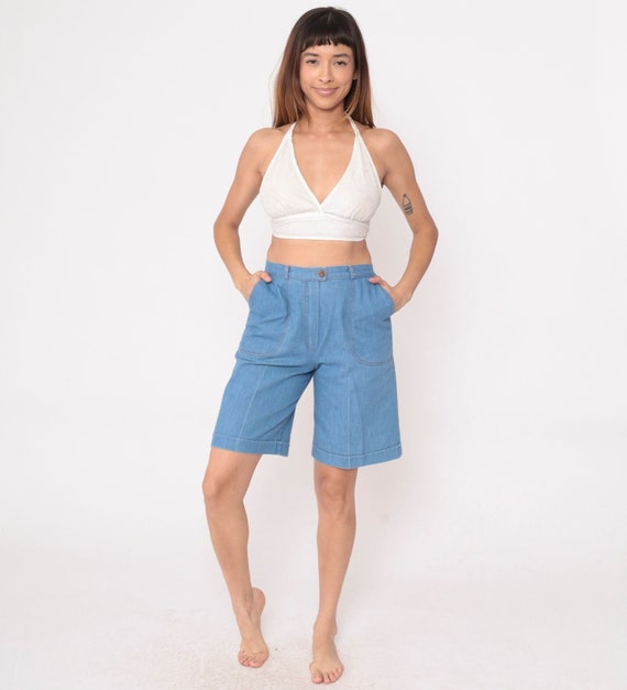 80s Jean Shorts -- Blue Denim Bermuda Shorts V Yoke Back Cuffed Shorts Wide Leg High Waisted Shorts 1980s Vintage Small 4 27
