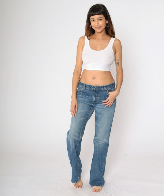 Harley Davidson Blue Jeans Y2K Mid Rise Flared Jeans Motorcycle Biker Denim Bootcut Retro Pants Streetwear Jeans Vintage 00s Large 14 Long