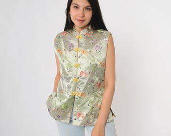 Y2K Cheongsam Topp Salviagrön Blommig Brokad Ärmlös 2000-tals Mandarinkrage Knappar Fram Satinblus Broderad Liten Mellan