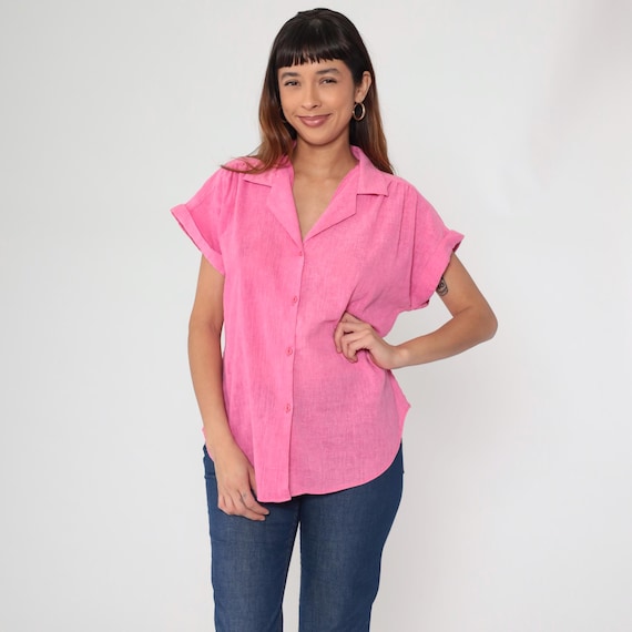 Pink Button Up Blouse 80s Short Sleeve Textured Cotton Blend Summer Top Bright Bubblegum Hot Pink Vacation Beach Shirt USA Made Large L