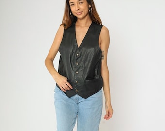 Vintage Black Leather Vest M 90s Wilsons Biker Button up Vest Top Rocker Snap Up Sleeveless Festival Punk Shirt 1990s Men's Medium