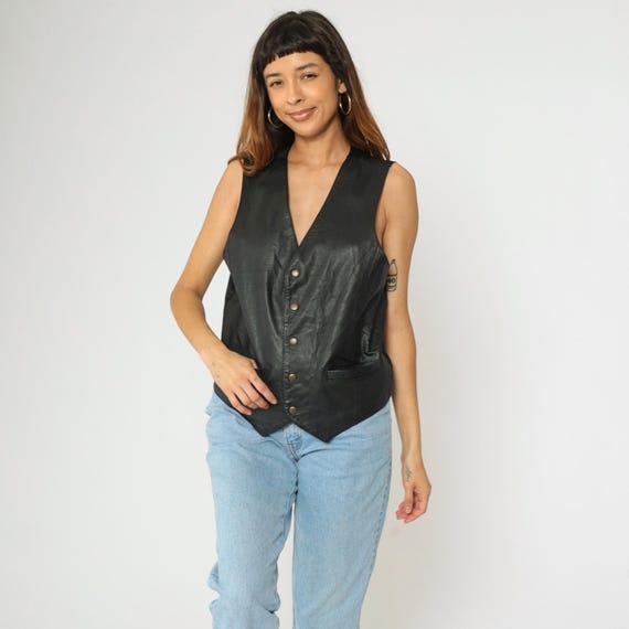 Vintage Black Leather Vest 90s Wilsons Biker Button up Vest Top Rocker Snap Up Sleeveless Festival Punk Shirt 1990s Extra Small xs