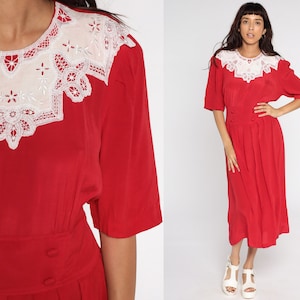 Red Pleated Dress 80s Midi Dress Lace Collar Dress Boho Embroidered Dress High Waist Secretary Short Sleeve Dress Vintage Medium Large image 1