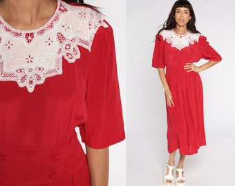 Red Pleated Dress 80s Midi Dress Lace Collar Dress Boho Embroidered Dress High Waist Secretary Short Sleeve Dress Vintage Medium Large