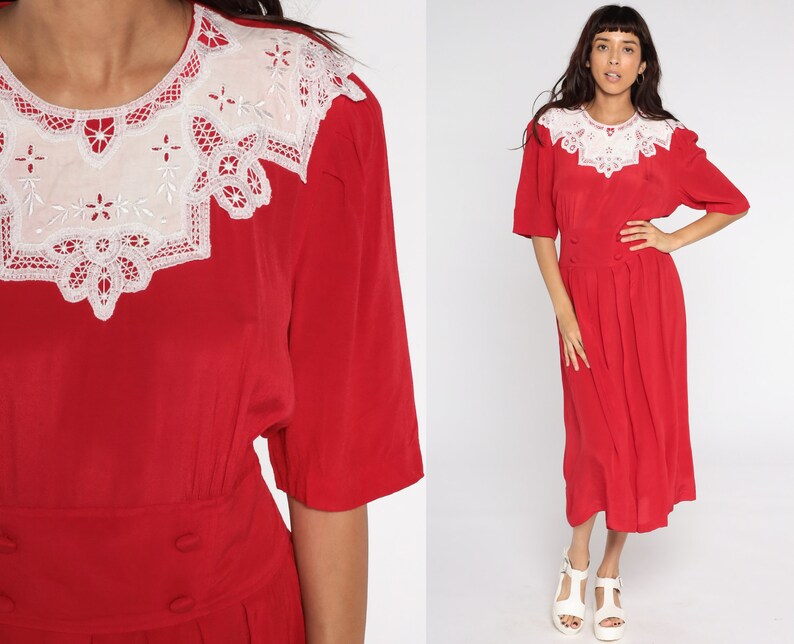 Red Pleated Dress 80s Midi Dress Lace Collar Dress Boho Embroidered Dress High Waist Secretary Short Sleeve Dress Vintage Medium Large image 1