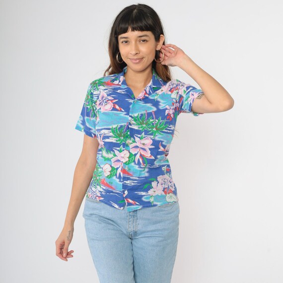 Vintage Blue Hawaiian Shirt 90s Tropical Floral Palm Tree Print Button Up Surfer Vacation Short Sleeve Retro Top 1990s Extra Small xs