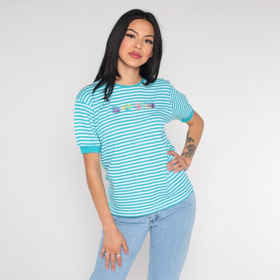 Striped Floral T Shirt 90s Blue White Floral Tee Embroidered Shirt Short Sleeve TShirt Flower Print 1990s Vintage Ringer Tee Small S