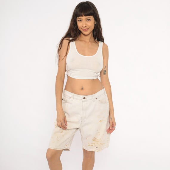 Distressed Levi's Shorts 90s Off White Denim Jean Jorts Cream High Rise Relaxed  Ivory Workwear Painter Cotton Five Pocket Vintage Waist 36