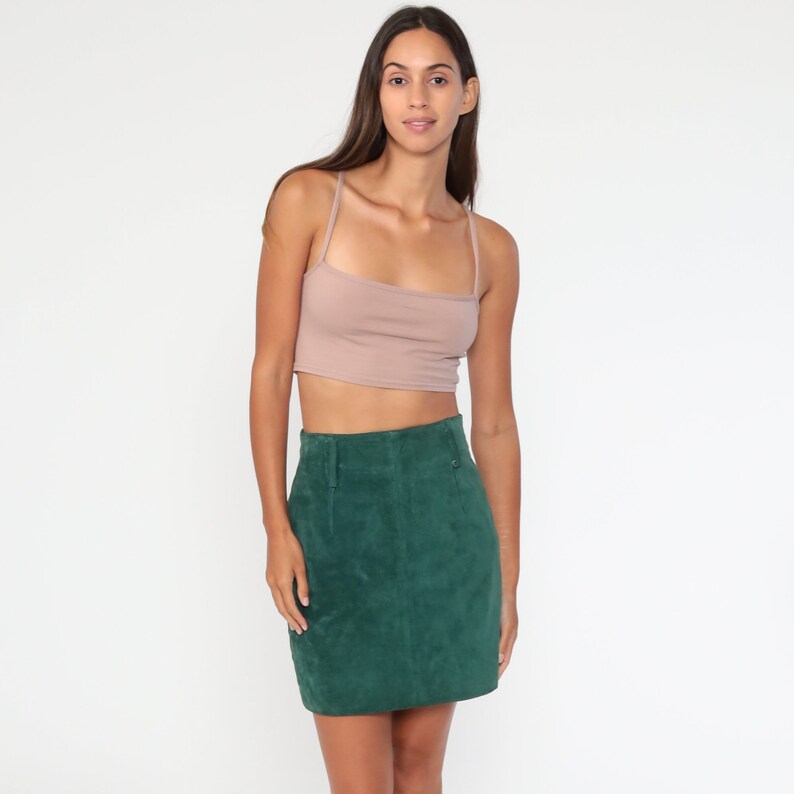 Green Leather Skirt 90s Mini Skirt Suede Wiggle Skirt Pencil Party Skirt 1990s Vintage High Waist Hipster Extra Small xs