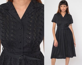 50s Black Eyelet Dress Embroidered Cotton Lace Party Mad Men 1950s Tea Length Full Skirt Shirtdress Midi High Waisted 60s Formal Small