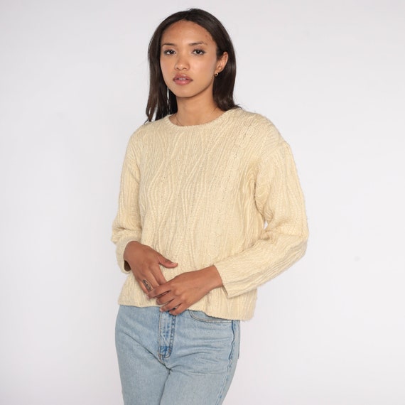 Cream Wool Sweater LL Bean Cable Knit Sweater 00s Sweater Pullover Slouchy Plain Knit Vintage Y2K Crewneck Sweater Plain Extra Small xs