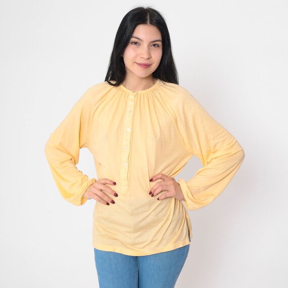 Yellow Blouse 70s Semi-Sheer Peated Top Half Button Up Long Sleeve Shirt Boho Beachy Minimalist Summer Flowy Peasant Vintage 1970s Medium M