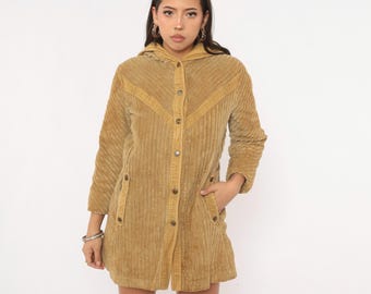 70s Corduroy Hooded Coat Beige Wide Wale Snap Front Faux Fur Lined Cotton Jacket Tan Long Sleeve Winter Parka Vintage Womens Small S
