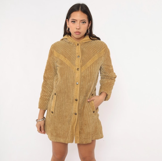 70s Corduroy Hooded Coat Beige Wide Wale Snap Front Faux Fur Lined Cotton Jacket Tan Long Sleeve Winter Parka Vintage Womens Small S