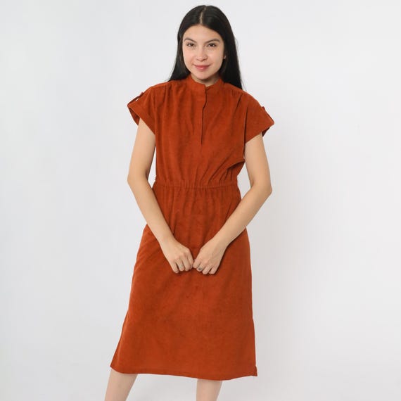 70s Boho Velour Dress Rust Orange Midi Roll Tab Sleeve High Waist Bohemian 1970s Hippie Vintage Cap Sleeve Retro Mandarin Collar Medium