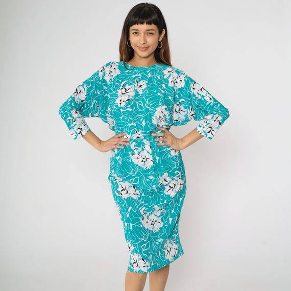 80s Floral Dress Keyhole Back Dolman Sleeve Midi Dress Turquoise Blouson Pencil Skirt Dress 1980s 3/4 Sleeve High Waisted Vintage Small