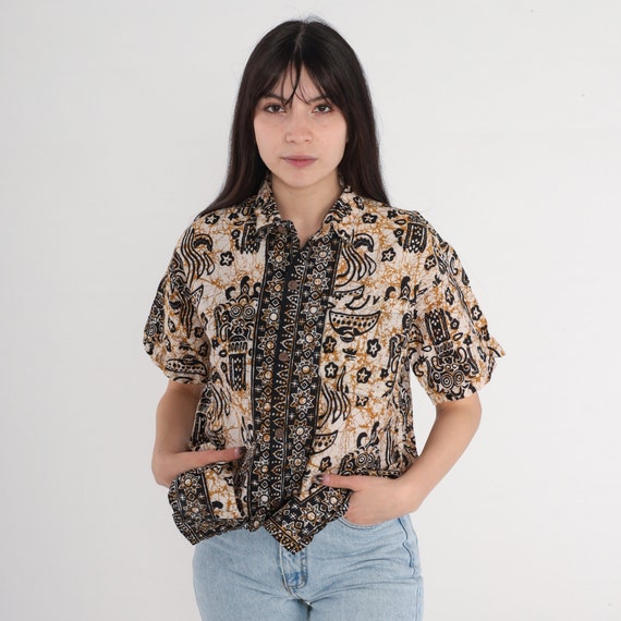 Indonesian Batik Blouse Y2K Button Up Shirt Abstract Stamp Sun Star Celestial Short Sleeve Top Retro Bohemian Cotton Vintage 00s Medium M
