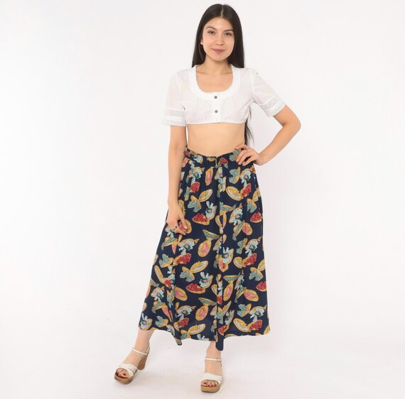 Straw Hat Print Skirt 90s Pattern Golden Yellow Green Floral Bow Cotton Prairie Cottagecore Summer Vacation  Vintage Susan Bristol Medium M