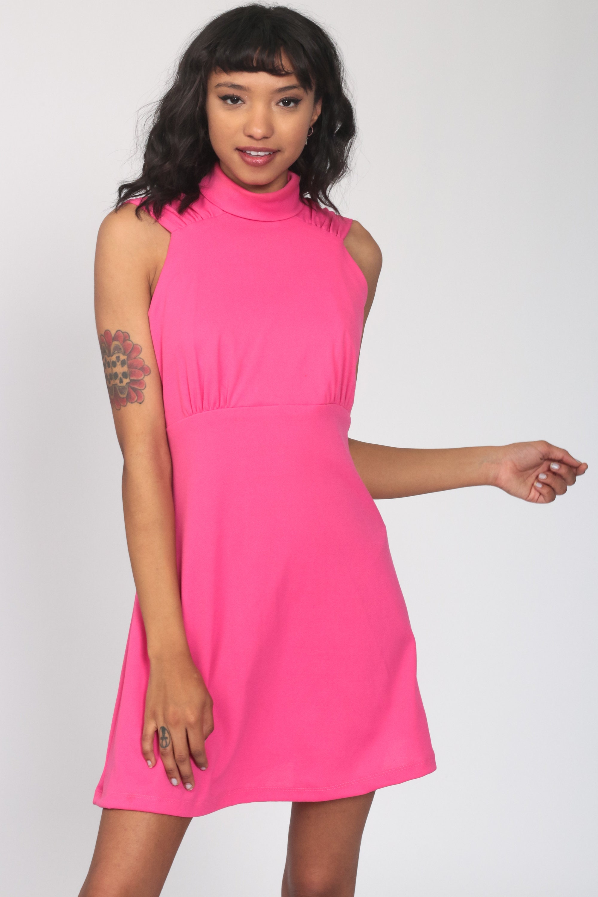 Hot Pink Babydoll Dress KEYHOLE BACK 70s Empire Waist Mod Mini Dress ...