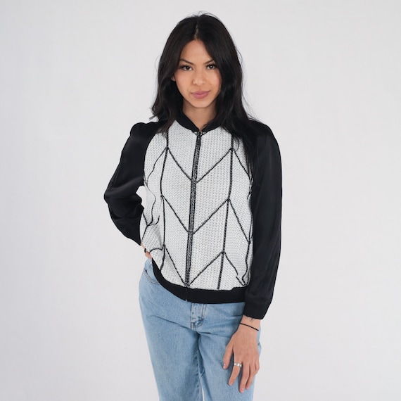 St John Couture Cardigan Y2K Zip Up Knit Sweater Jacket Sparkly Sequin Metallic Black White Chevron Designer Silk Blend Vintage 00s Small S