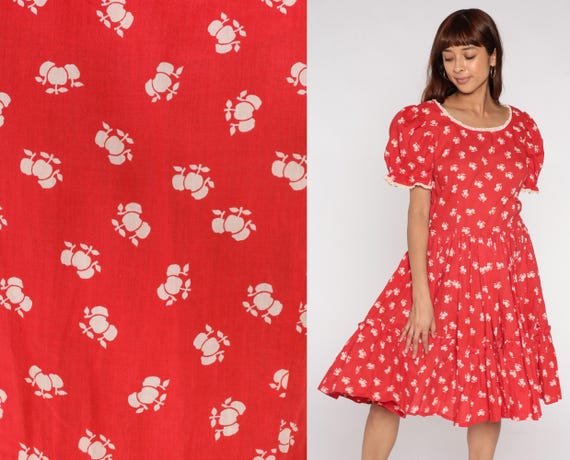 Apple Prairie Dress 70s Red Floral Print Puff Sleeves White Lace Trim Square Dance Country Western Cottagecore Folk Festival Extra Large XL