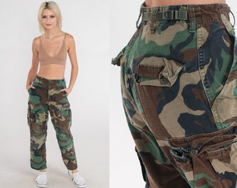 Camo Army Pants 90s Cargo Pants Military Combat Olive Green Camouflage Grunge Punk Rocker Coton vintage années 1990 Extra Small xs Short