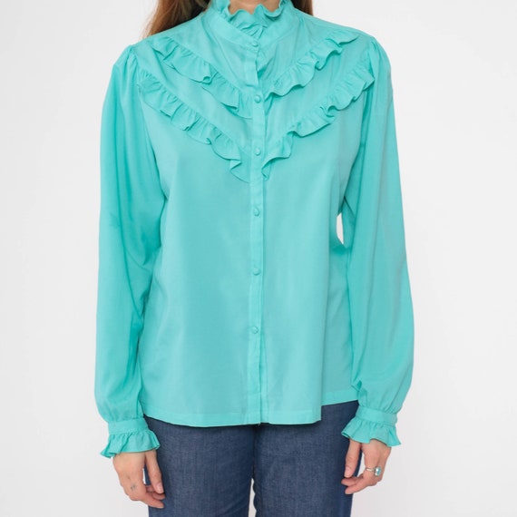 Turquoise Ruffled Blouse 70s Puff Sleeve Shirt Bu… - image 8