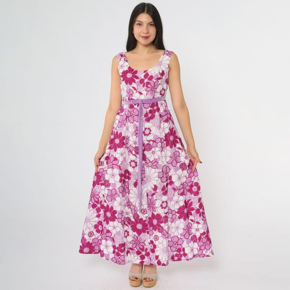 70s Floral Dress Maxi Pink Purple White Sleeveless Summer Festival Hippie Prairie Cottage Sundress Woodstock Flower Power Vintage Small S