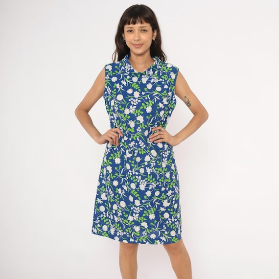 Blue Floral Shift Dress Cowl Neck White Green Botanical Print Cotton Garden Party 80s Summer Cobalt Vine Flower Frock Vintage Medium M