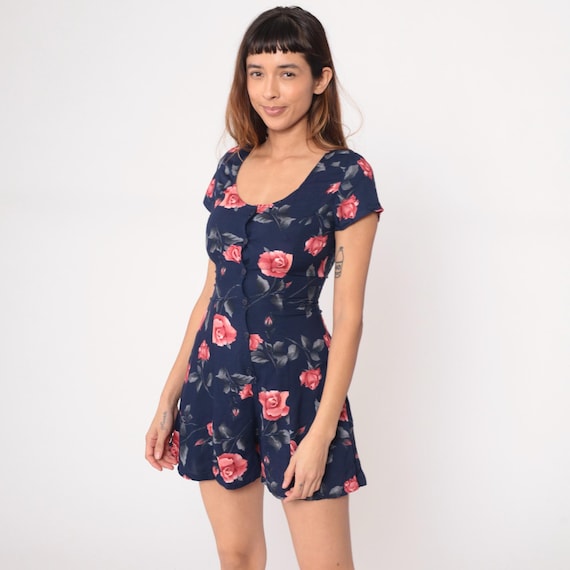 Floral Mini Romper 90s Navy Blue Pink Rose Print Short Sleeve Vintage Prairie Summer Casual Sundress Feminine Sweet Femme Cute Small S
