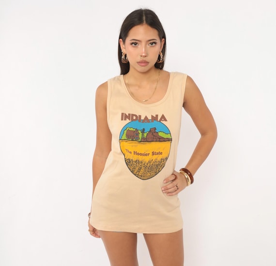 80s Indiana Souvenir Tank Top Tan Graphic Tee Cotton Sleeveless Hoosier State Travel Tourist Farm Wheat Print Fitted Womens Small S