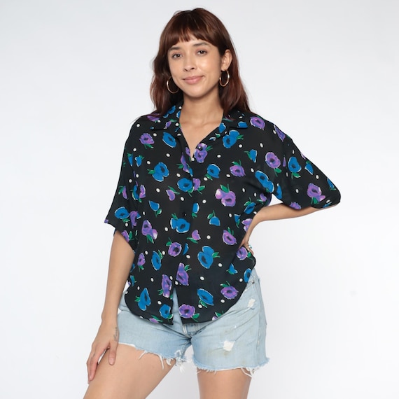 Anemone Floral Shirt 90s Black Button Up Blue Purple Flowers Polka Dots Short Sleeve Grunge Blouse Watercolor Vintage Casual Wear Medium M