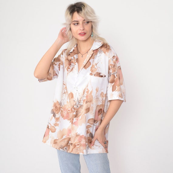 70s Floral Shirt Watercolor Button Up Shirt White Brown Disco Dagger Collar Shirt Boho 1970s Hippie Top Short Sleeve Vintage Men's Large