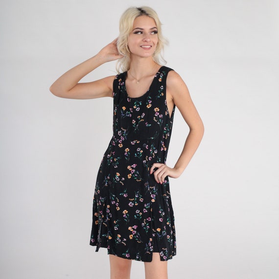 Black Floral Dress 90s Mini Dress Retro Sleeveles… - image 3