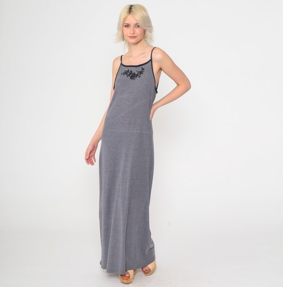 Y2K Maxi Dress Grey Floral Dress Bodycon Party Dress 00s Vintage Sheath Column Dress Sleeveless Ringer Trim Cocktail Spaghetti Strap Medium