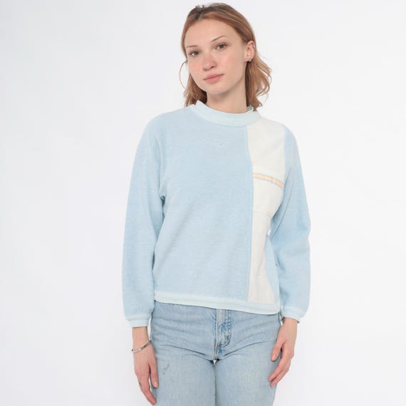 Light Blue Sweatshirt 90s Cream Cropped Long Sleeve Vintage Pullover Textured Waffle Knit Minimalist Aesthetic Casual Top Small S