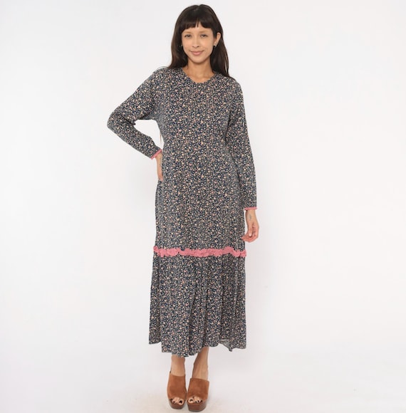 Y2K Prairie Navy Floral Maxi Dress Cotton Long Sleeve Ruffle Trim Pink Rose Print Front Zip Cobalt Blue Calico Cottagecore Farmcore Medium M