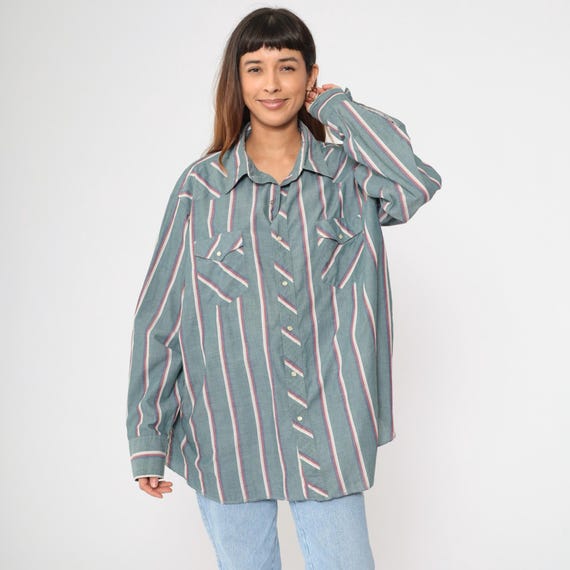 Vintage Wrangler Western Shirt Y2k Green Striped Pearl Snap Southwestern Button Up Rodeo Cowboy Shirt Long Sleeve Red Blue 00s Men's XXL