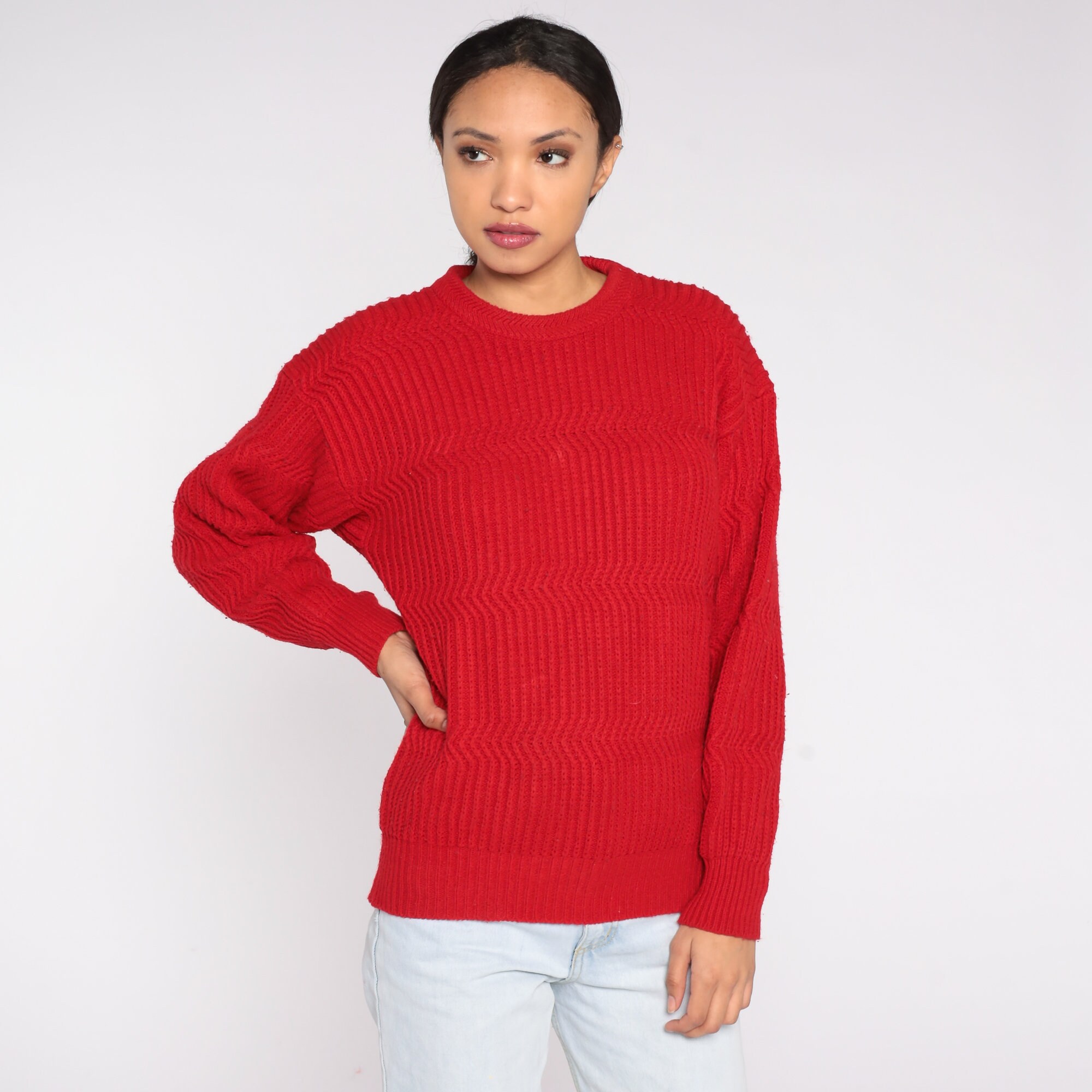 Red Knit Sweater 80s Saugatuck Pullover Sweater Slouchy Wavy Textured