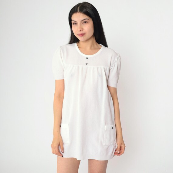 60s White Mod Puff Sleeve Dress Vintage Mini Dress Lolita Shift Dolly A-Line Patch Pocket Dress 1960s 70s Plain Scoop Neck Knit Small S