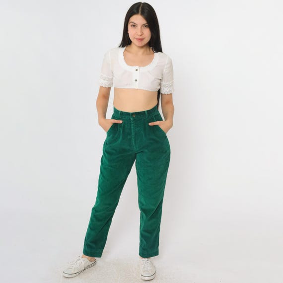 80s Green Corduroy Pants Vintage Straight Leg Trousers 1980s High Waist Pants Slim Fit Retro Office Preppy Cords Extra Small xs 25