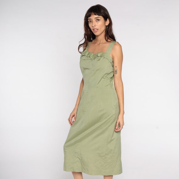 1950s Wiggle Dress Avocado Green Sun Dress Sheath… - image 4